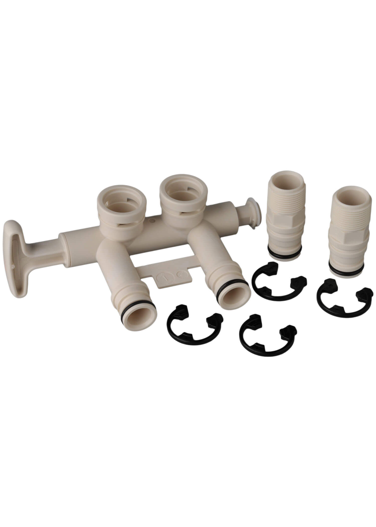 A large plastic assembly, four retaining clips, and two adaptor tubes all in plastic, for connecting a water softener to a house water system